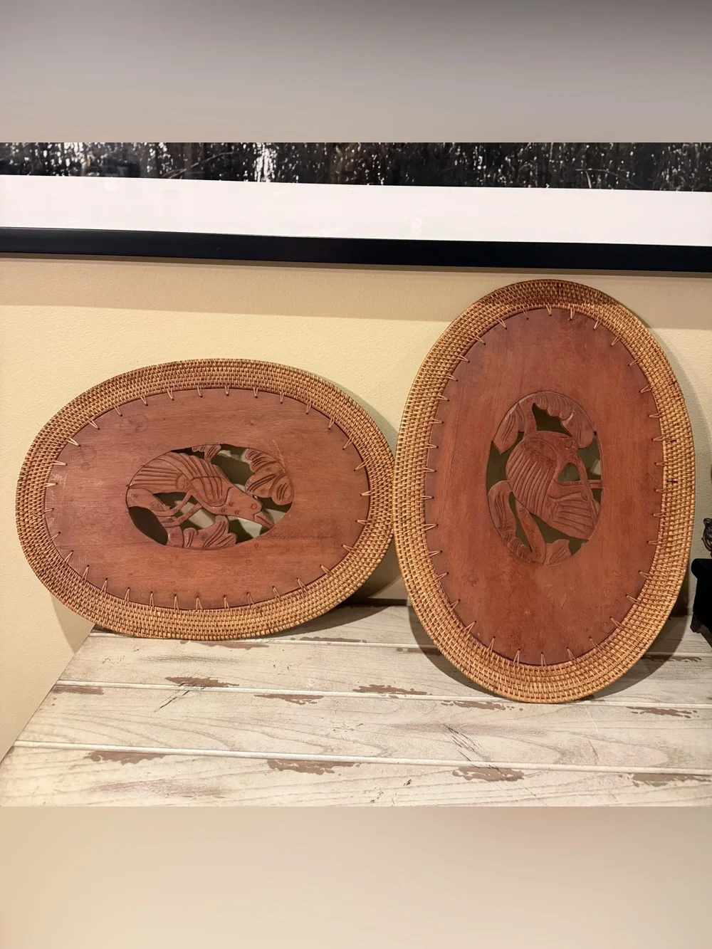 Vintage Hand Carved Wood & Woven Rattan Placemats Set of 4 Tropical Fish Bird